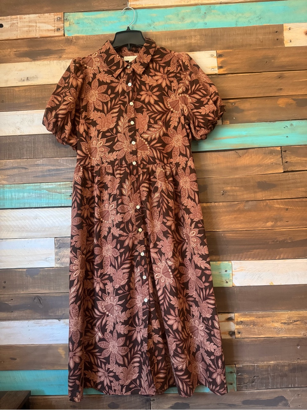 Chenault Brown Floral Paisley Puff Sleeve Button Down Midi Dress | Size M